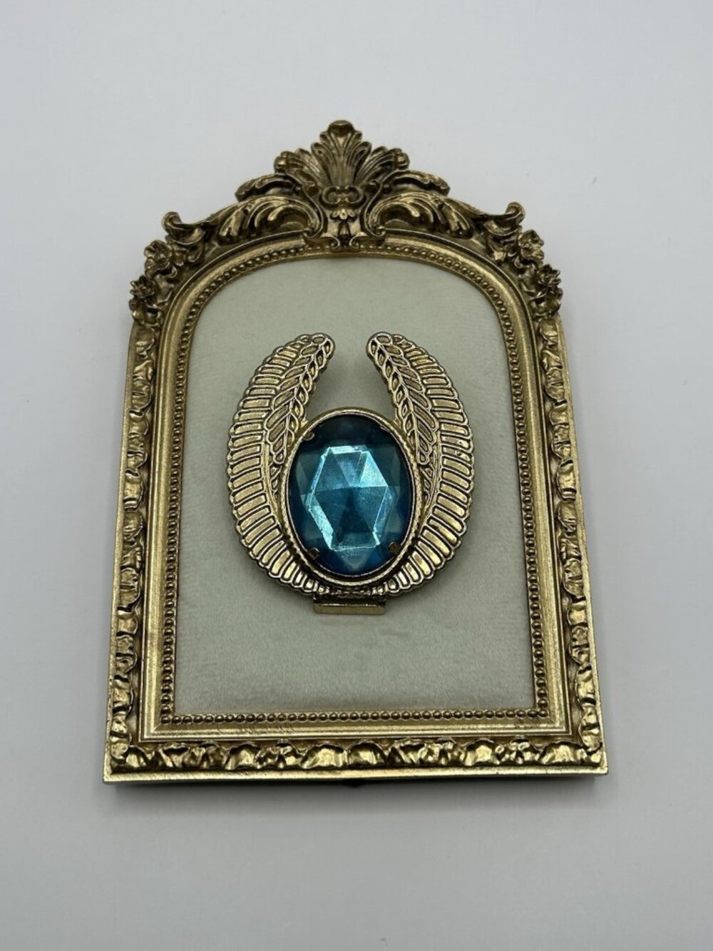 Vintage Gold Tone Belt Buckle Blue Faceted Large Rhinestone Korea Wing Motifs